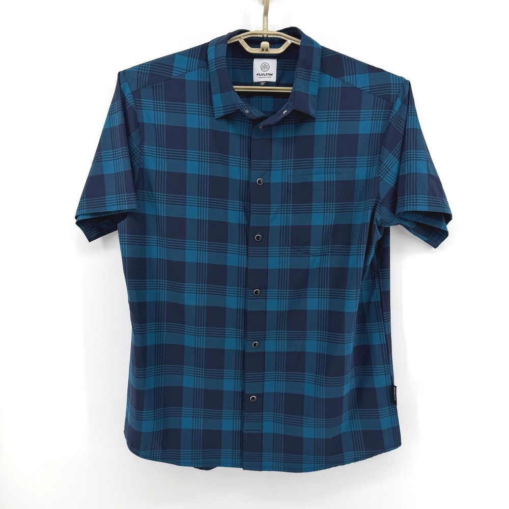 Flylow Gear Mens Blue Plaid Short Sleeve Snap Front Performance Shirt Large 0013